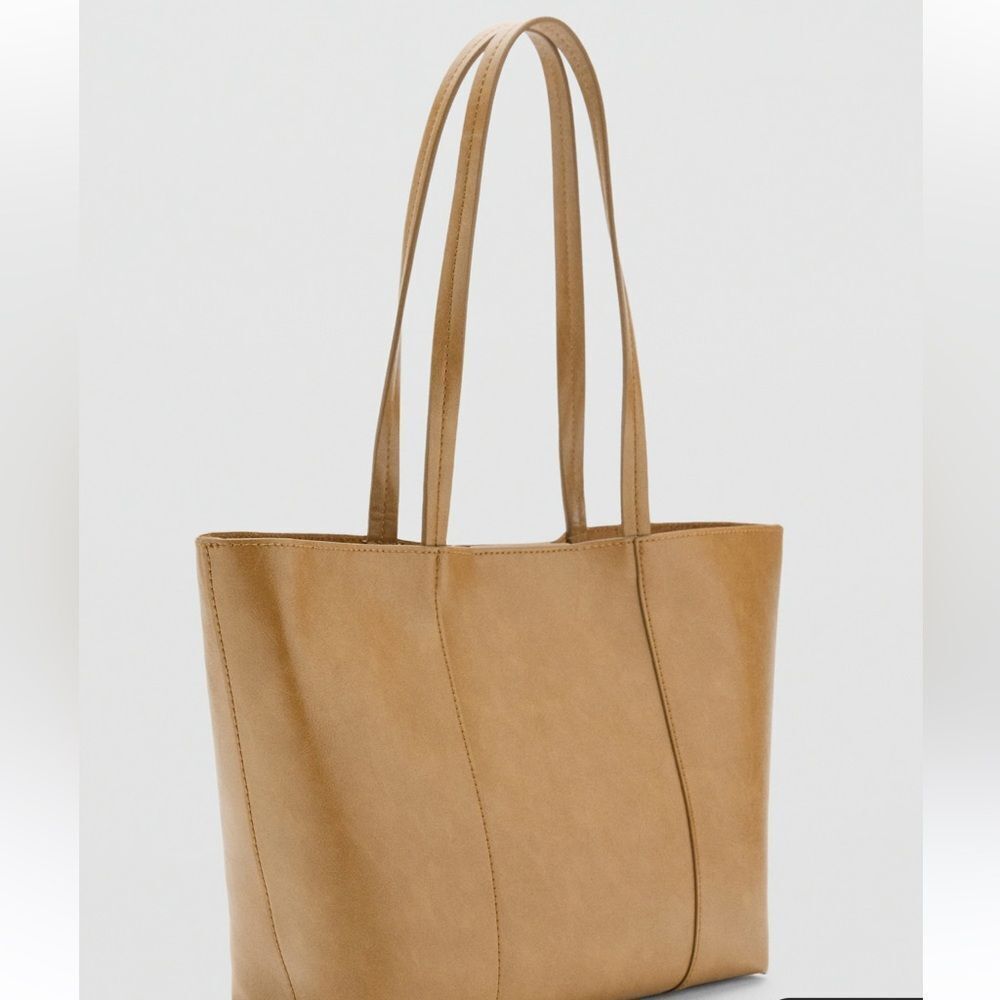 MANGO OLIVER Latte Tan Faux Exterior & Genuine Leather Inferior Tote Bag - Picture 5 of 13